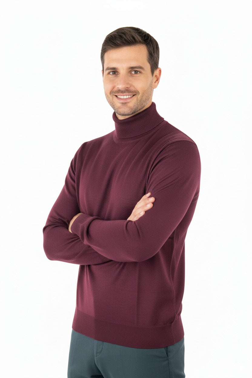 Erkek Uzun Kollu Tam Boğazlı Yaka Klasik Model Rahat Kesim Tam Kalıp Yünlü Dokuma Kazak